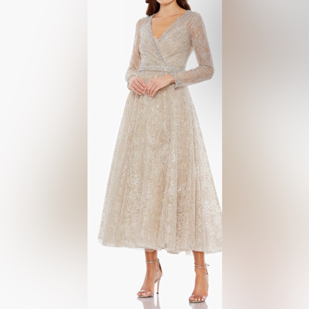Mac Duggal Cream embellished Midi Dress